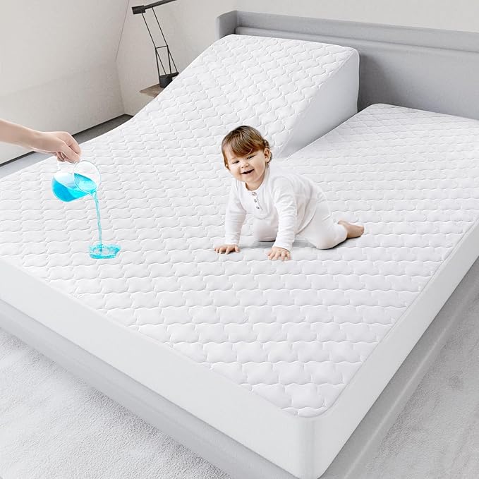 Split Top King Mattress Pad Waterproof Protector, Quilted Mattress Cover Fitted