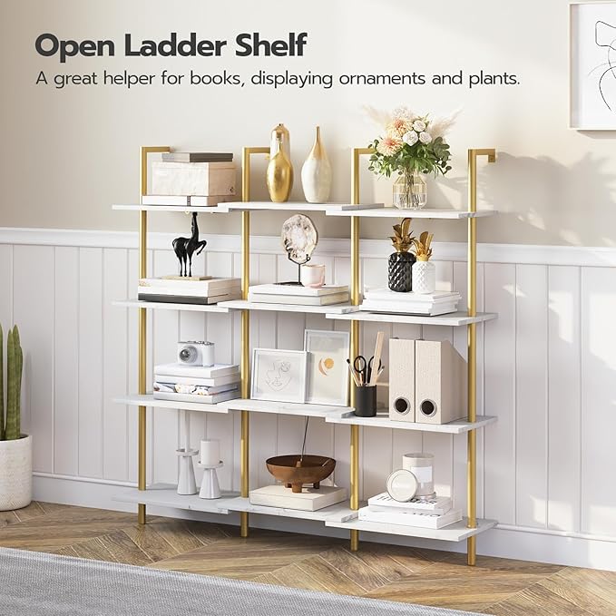 HOOBRO DIY Ladder Shelf, 6-Tier Wooden Wall Mounted Bookshelf, Narrow Gold