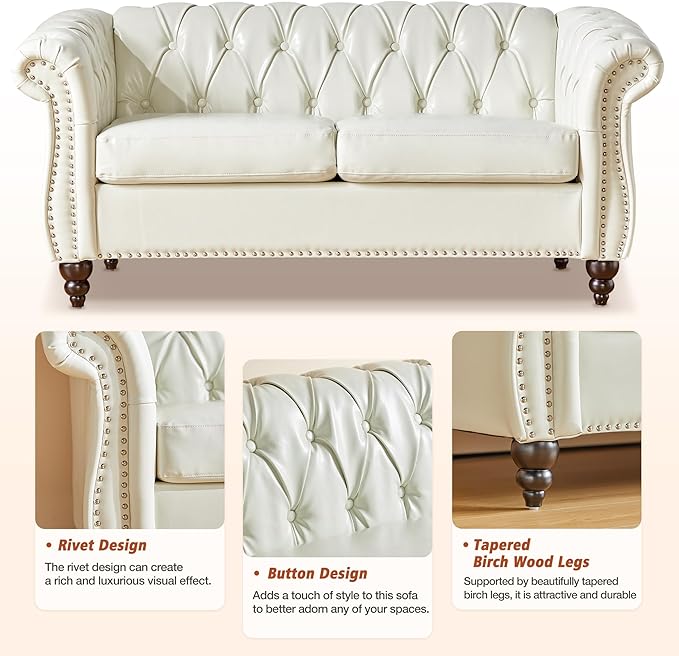 ORRD 2 Piece Living Room Set, Chesterfield Faux Leather Sofa Couch Chair