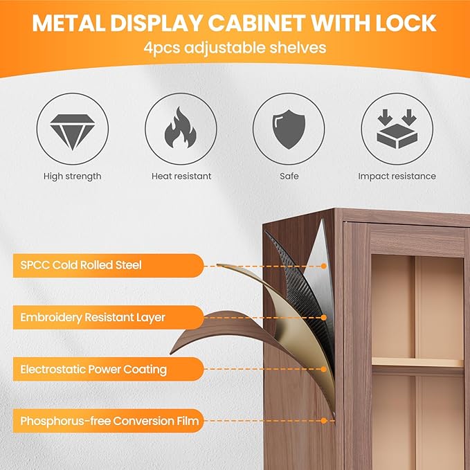 Locking Display Cabinet with Glass Door, 71”H Metal Curio Cabinets with