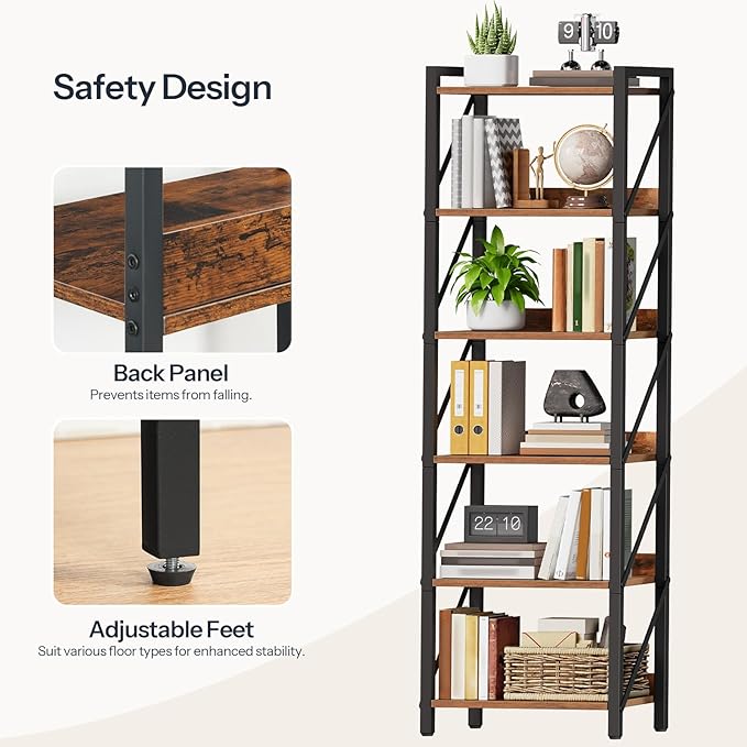 HOOBRO Bookshelf, 6-Tier Industrial Bookcase, Book Shelf Storage Organizer