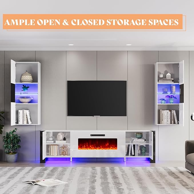 AMERLIFE 3-Piece Modern Wall Unit Entertainment Center Set, High Gloss 80"