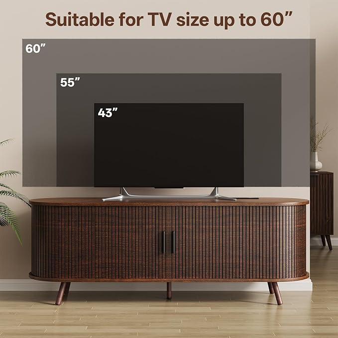55 inch TV Stand with Power Outlet, Fluted Entertainment Center