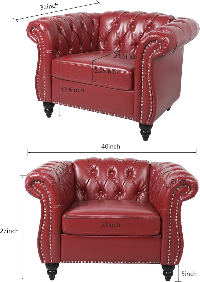 ORRD 2 Piece Living Room Set, Chesterfield Leather Sofa Loveseat Couch Chair