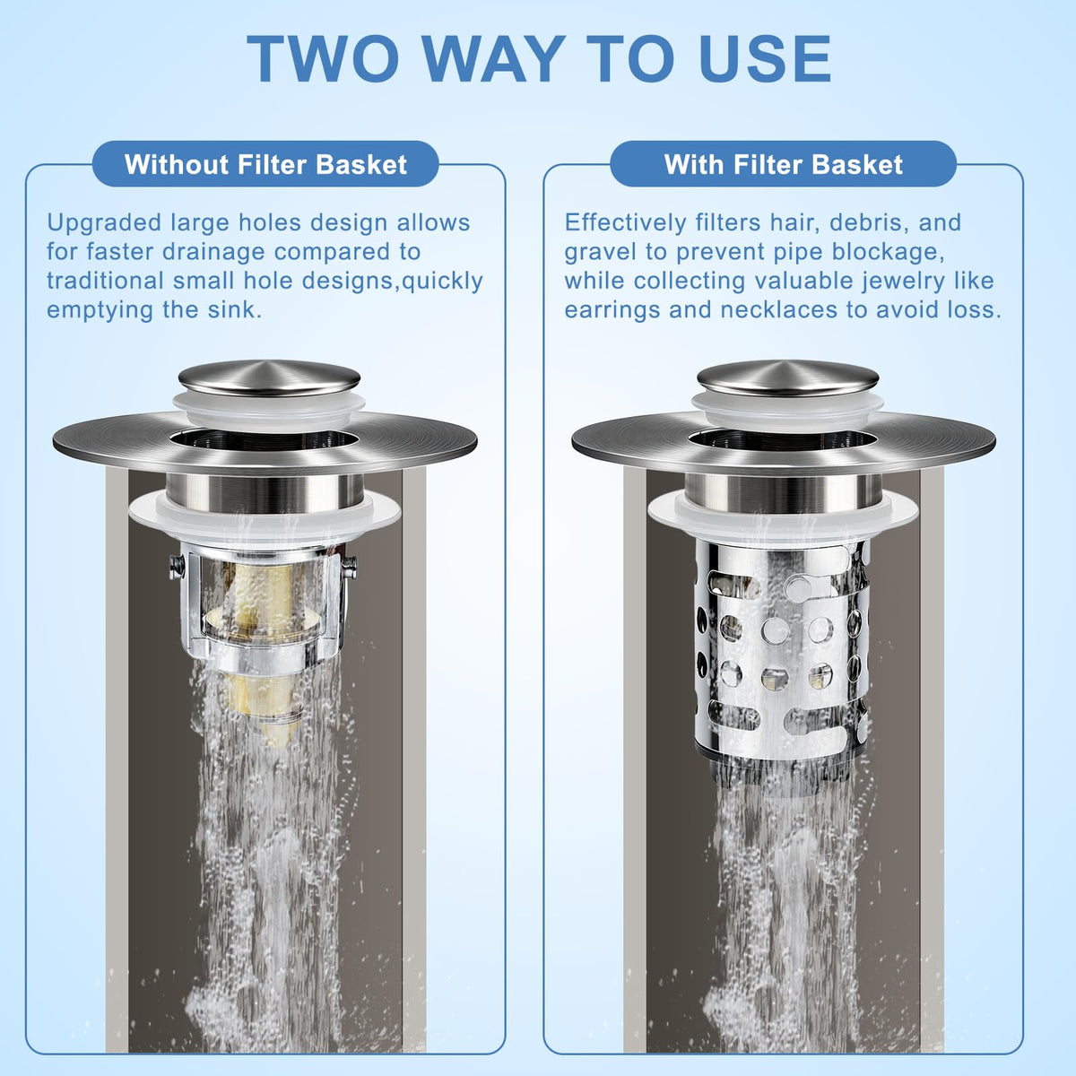 Upgraded 3 in 1 Bathroom Sink Drain Strainer, Universal Pop Up Stopper with Removable Stainless Steel Filter Basket Hair Catcher, Sink Plug for 1.1''~2.36'' Basin, Brushed Nickel Finish(2PC)