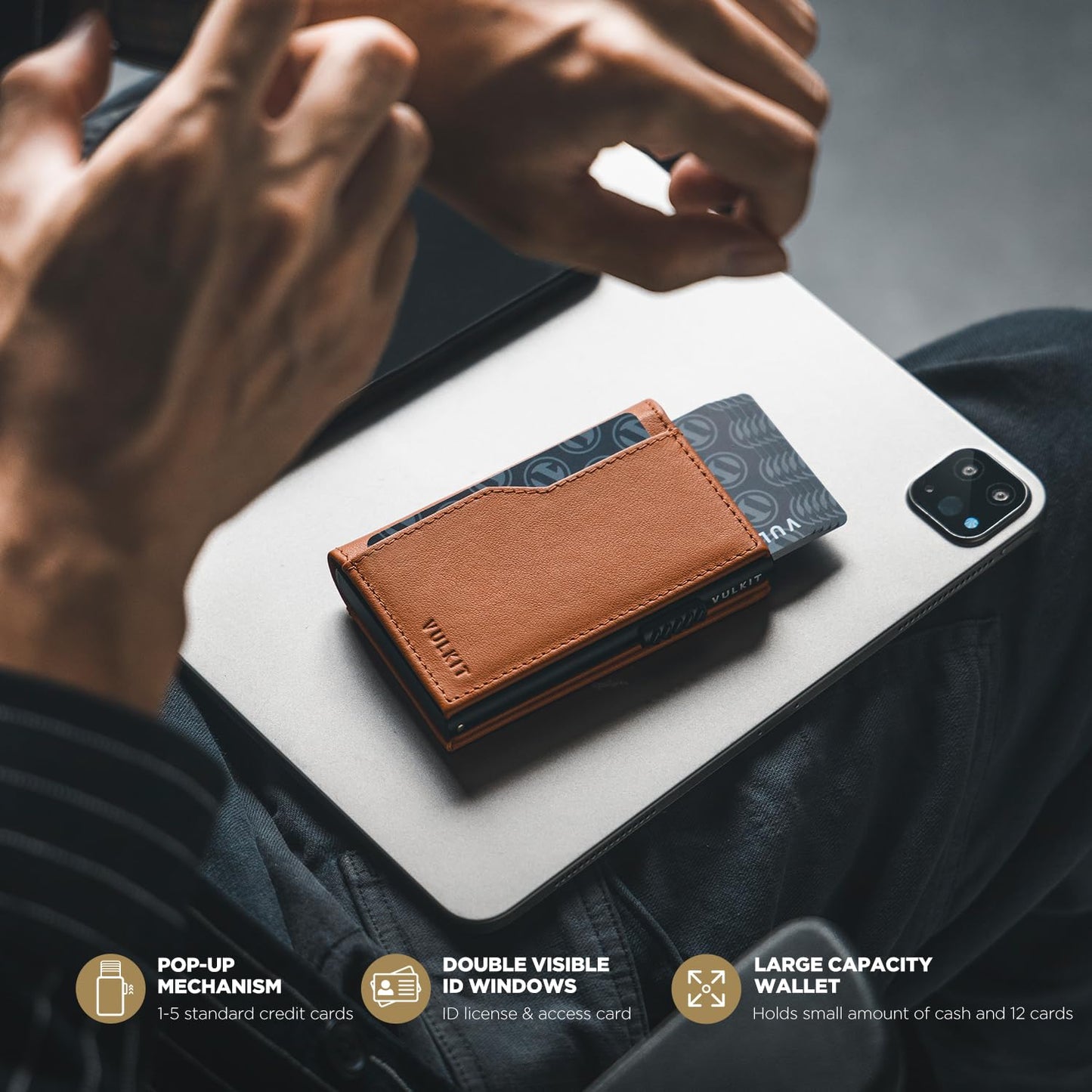 VULKIT Wallet for Men - Genuine Leather Pop Up Wallet RFID Blocking Credit Card Holder, Double ID Windows, Minimalist Design with Gift Box