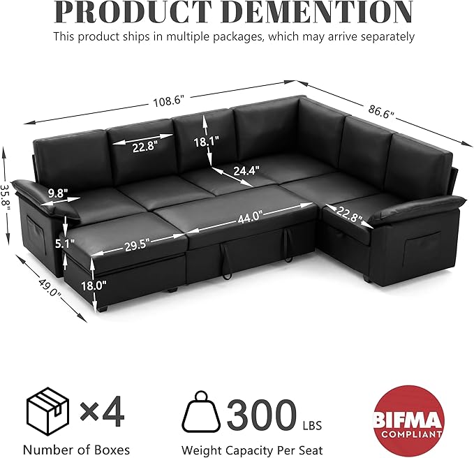 108 Inch Faux Leather Modular Sectional Sofa