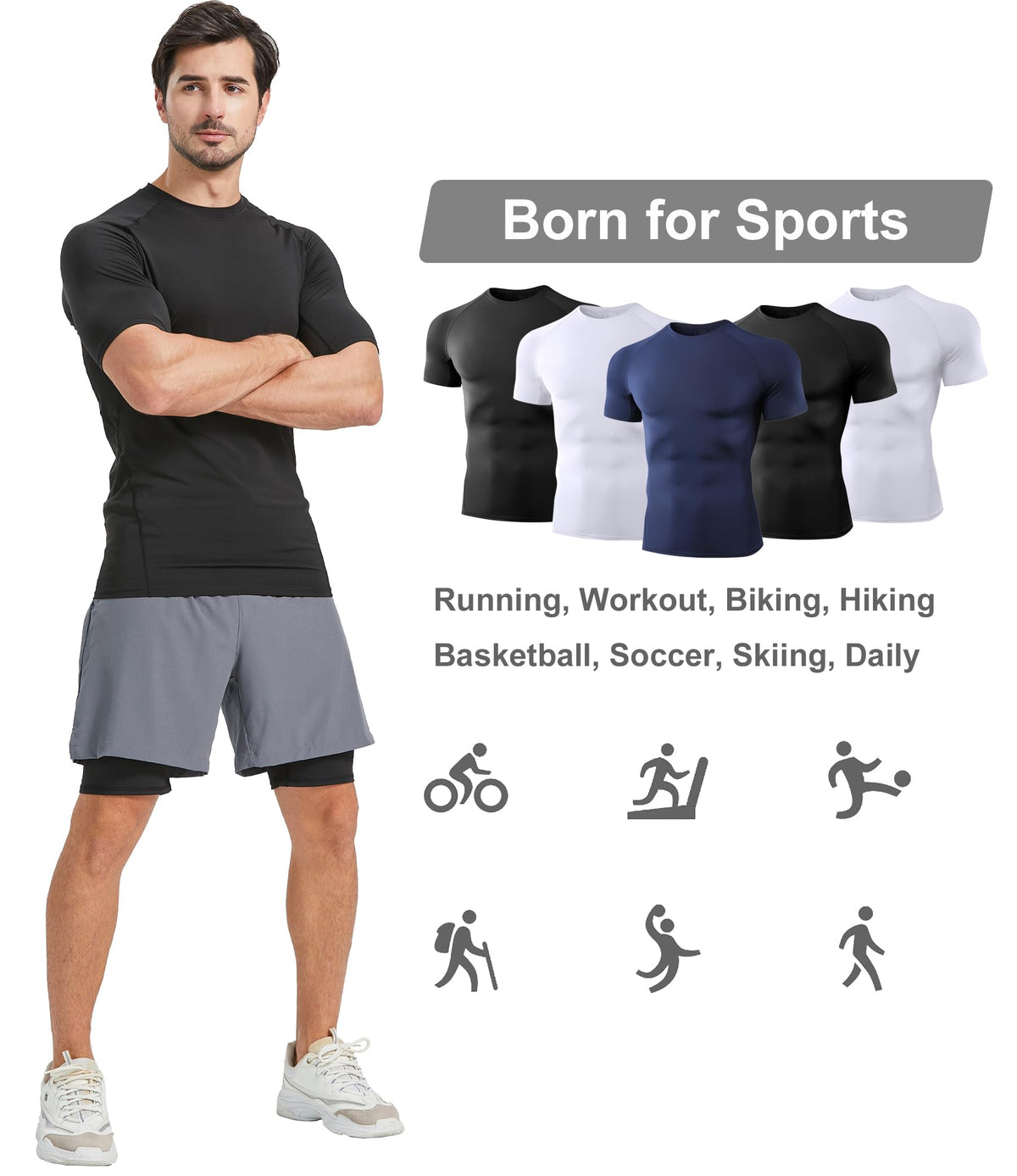 Dalavch 5 Pack Men’s Compression Shirts Short Sleeve Cool Dry Sports Athletic Workout Base Layer Undershirt T-Shirt Tops 2 Black 2 White 1 Blue Large