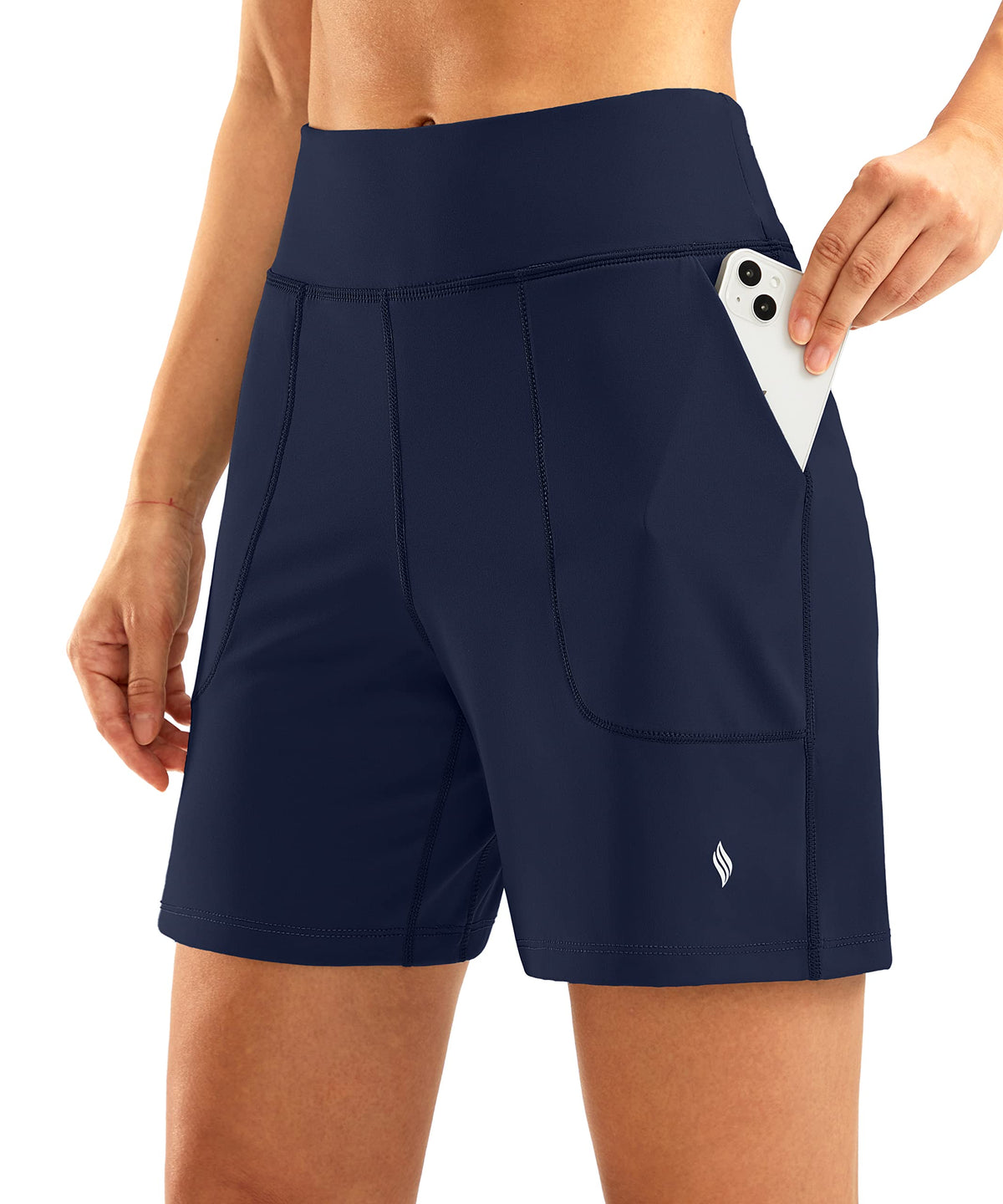 SANTINY Women's 6'' Athletic Long Shorts with 4 Pockets High Waisted Bermuda Shorts for Women Walking Running Casual (Navy_M)