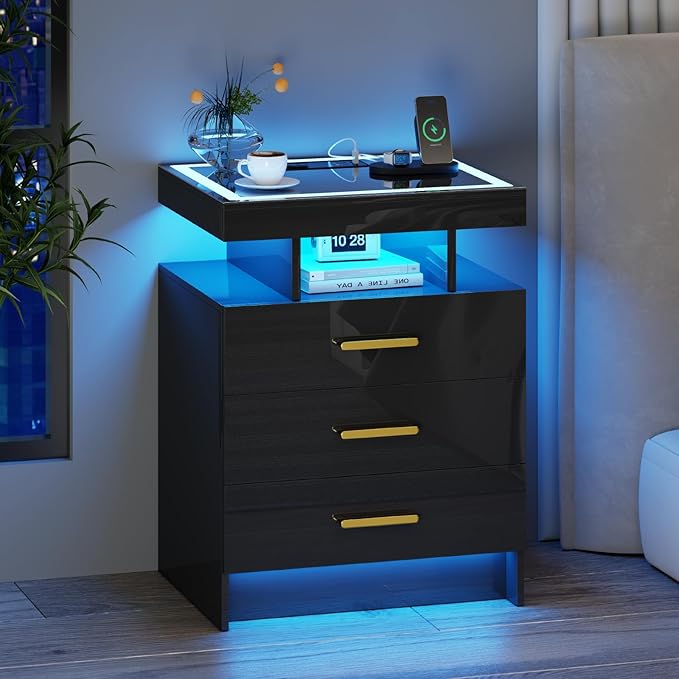 Black Night Stand Set 2 with Wireless Charging Station, Smart Bedside Table