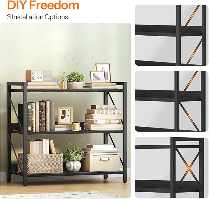 HOOBRO Bookshelf, 3-Tier Industrial Bookcase, Book Shelf Storage Organizer