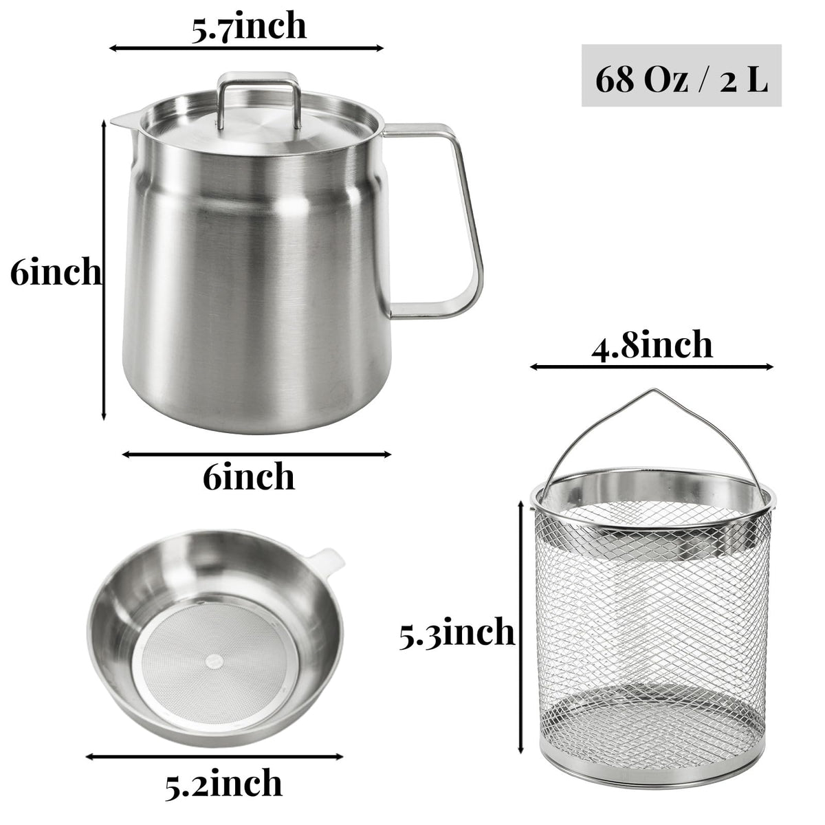 ZAVOOS 304 Stainless Steel Oil Filter Pot, 68 Oz Deep Fryer Pot with Strainer Basket, Versatile Large Capacity Bacon Grease Container Cooking Oil Saver for Kitchen, Restaurant, Camping
