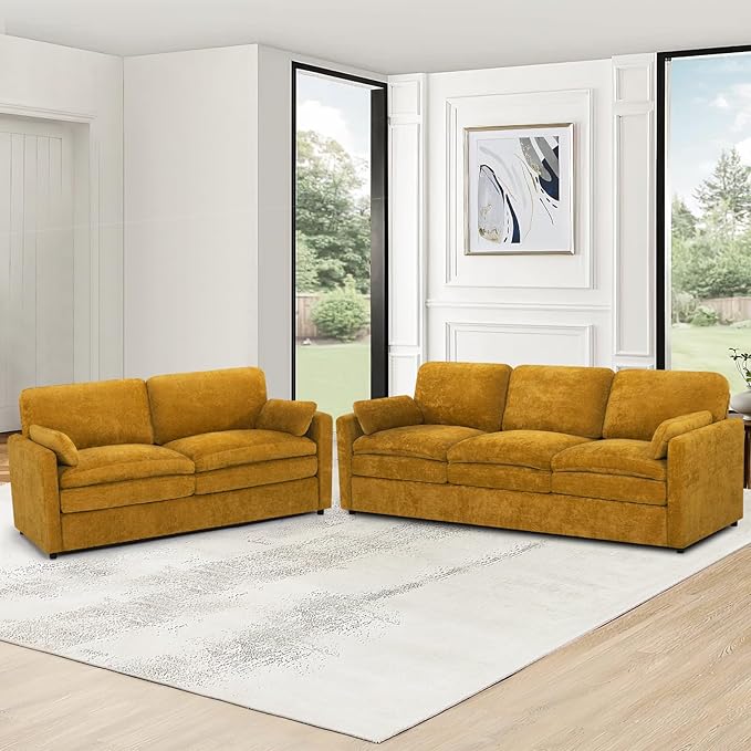 Comfy Chenille Sofa Set with Well-Filled Pillows, Modern 3 Seater and Loveseat