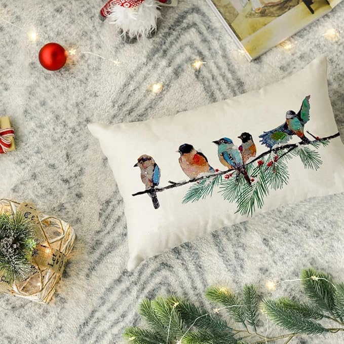 RABUSOFA Christmas Outdoor Pillow Covers Waterproof 12x20 Inch Birds Christmas