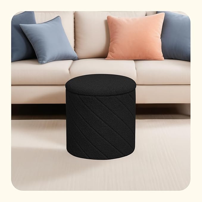 PINPLUS Ottoman with Stroage Round Boucle Ottoman and Tray Sherpa Removable