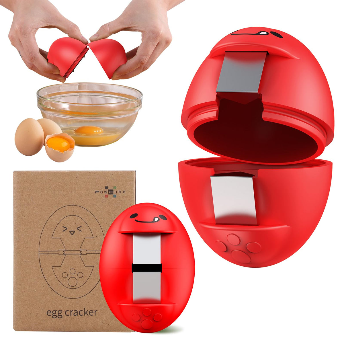 PowCube Egg Cracker, Silicone Egg Shell Opener, Cute Egg Shaped Design, Opens Eggs with Ease, A Little Happiness Boost for Your Kitchen. (Color: Red, 1-Pack)