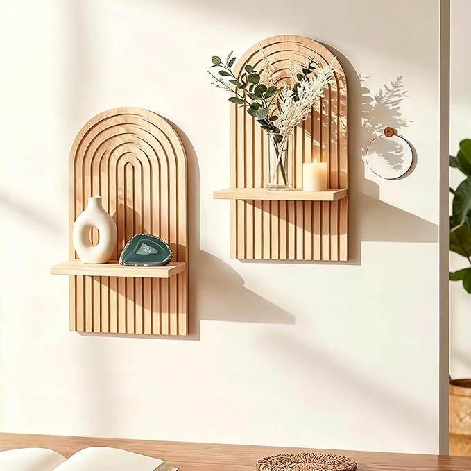 LIYAOLI Boho Wall Shelf Set of 2-15 x 8.6 Inch Arched Wooden Hanging Shelves