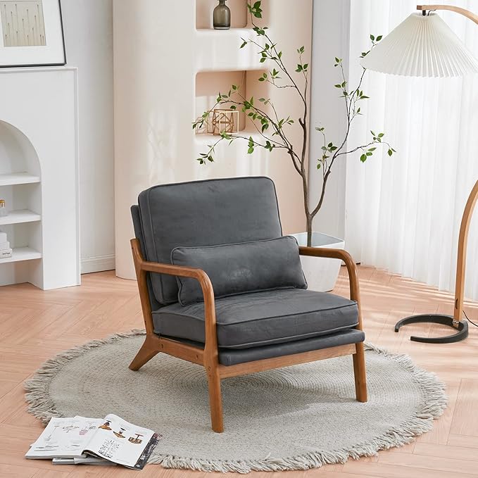 Bonnlo Microfiber Dark Grey Mid Century Modern Accent Chair, Soild Wood Padding