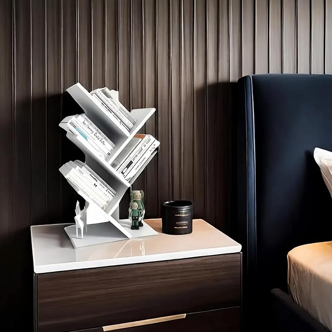 Godferyxin Small Bookcase for Desk Decor, 5-Tier White Wood Small Bookshelf –