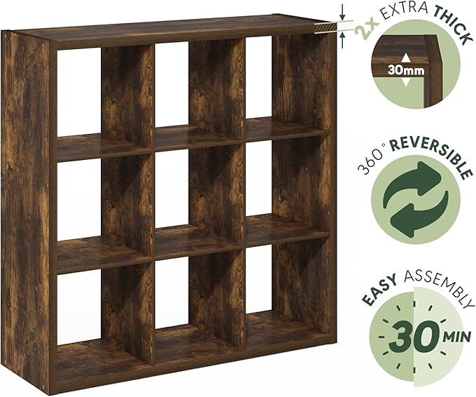 Furinno Cubicle Book Shelf, 9-Cube Bookshelf, Extra Thick Frame Reversible