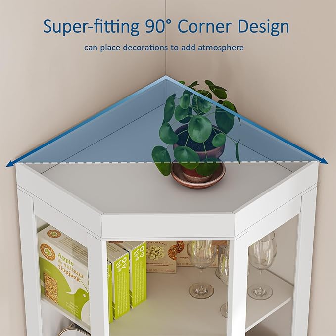 70''H Tall Corner Cabinet with Glass Doors, Farmhouse Storage Cabinet with 4