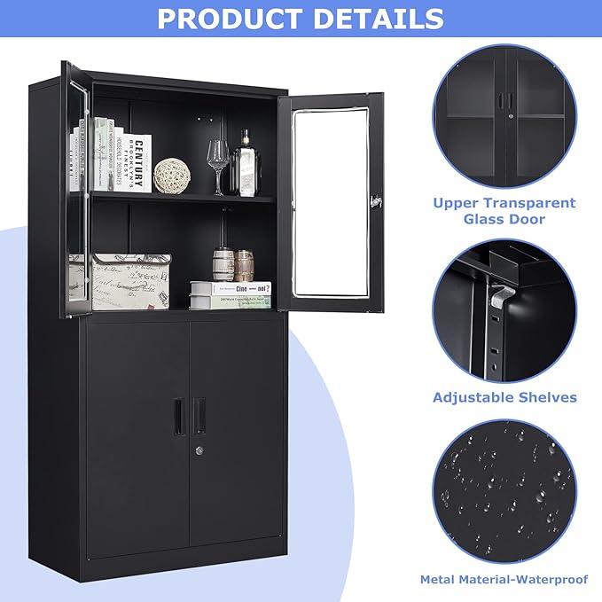 71”H Display Cabinet with Adjustable Shelves, 4 Door Display Cabinets with