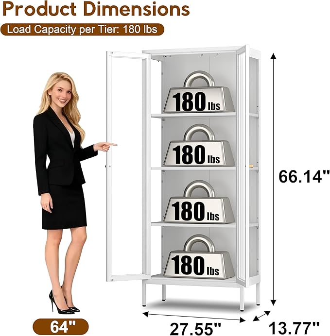UNICOLY Display Cabinet with Glass Doors, Glass Display Cabinet 4-Tier