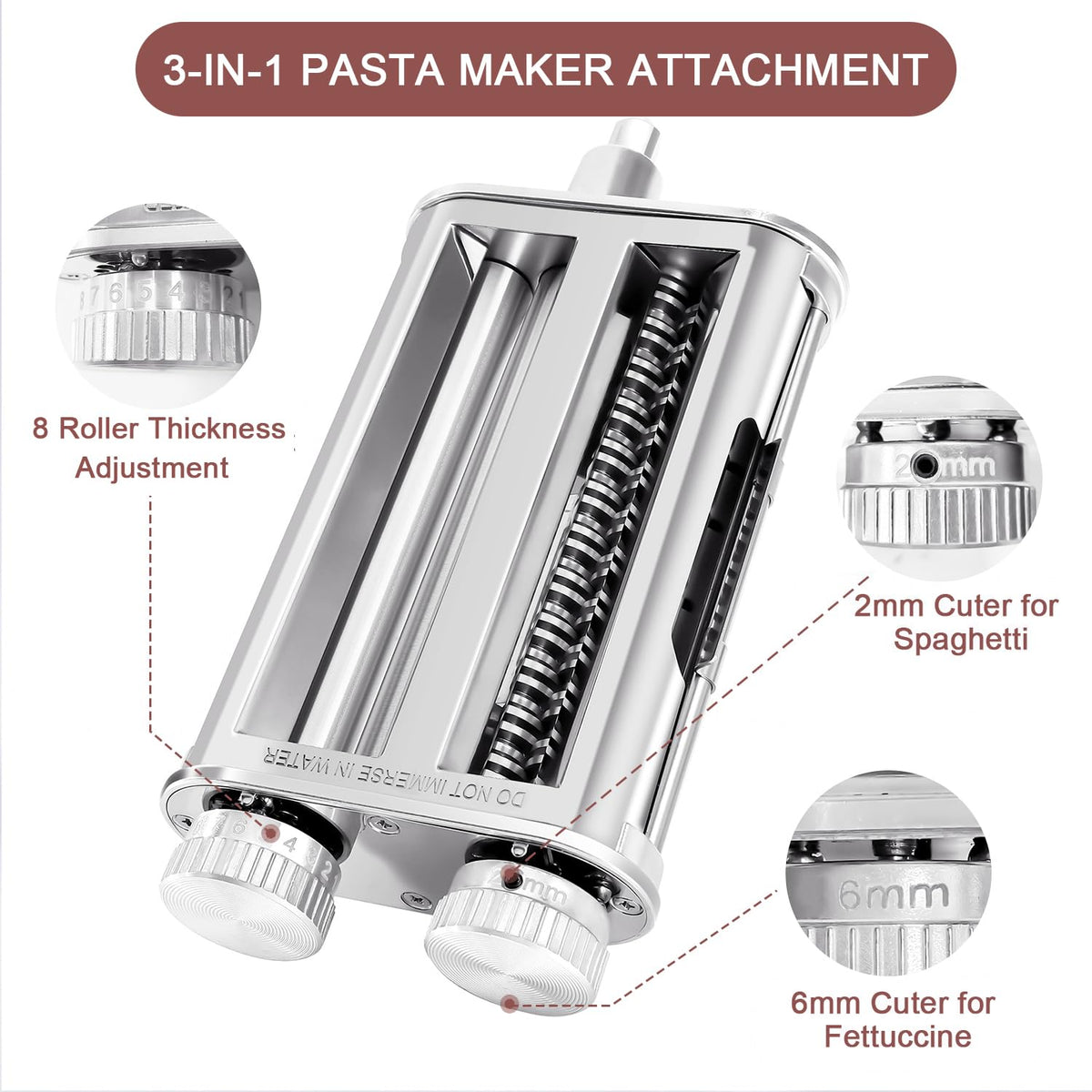 Pasta Maker Attachment for KitchenAid Stand Mixers, 3-in-1 Pasta Roller & Cutter Set with Spaghetti and Fettuccine Cutter Blades, Adjustable 8 Thickness Settings, Durable Metal Construction