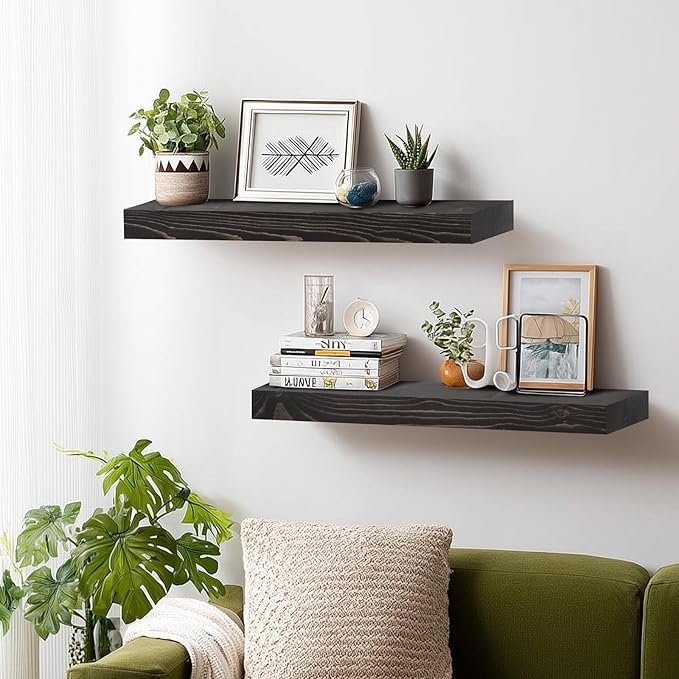 24x8x1.6 inch Floating Shelves Set of 2 – Solid Wood Rustic Black Wall Mounted