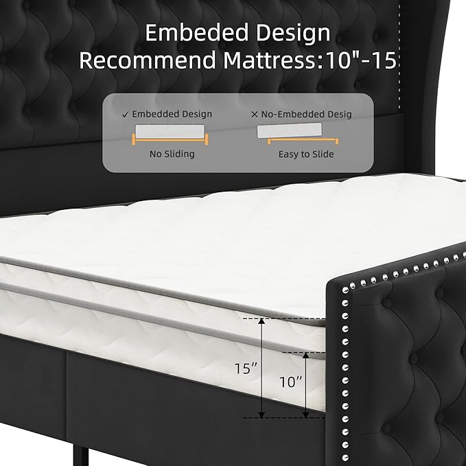 BRELTAM Upholstered King Size Bed Frame Velvet Black Tufted Platform Bed Frame