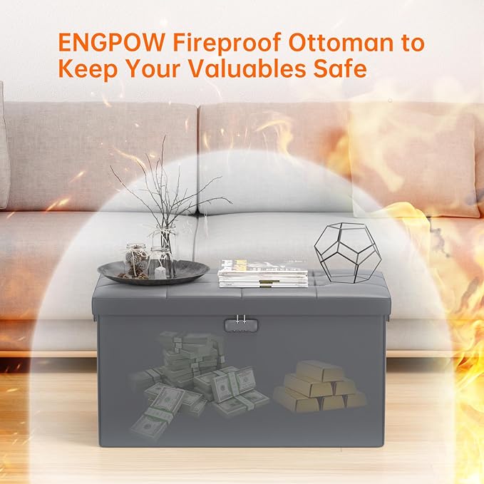 ENGPOW Storage Ottoman Bench, Fireproof Folding Bench