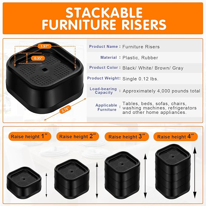 Furniture Risers Adjustable Bed Risers Heavy Duty Lifts Height 3", Square