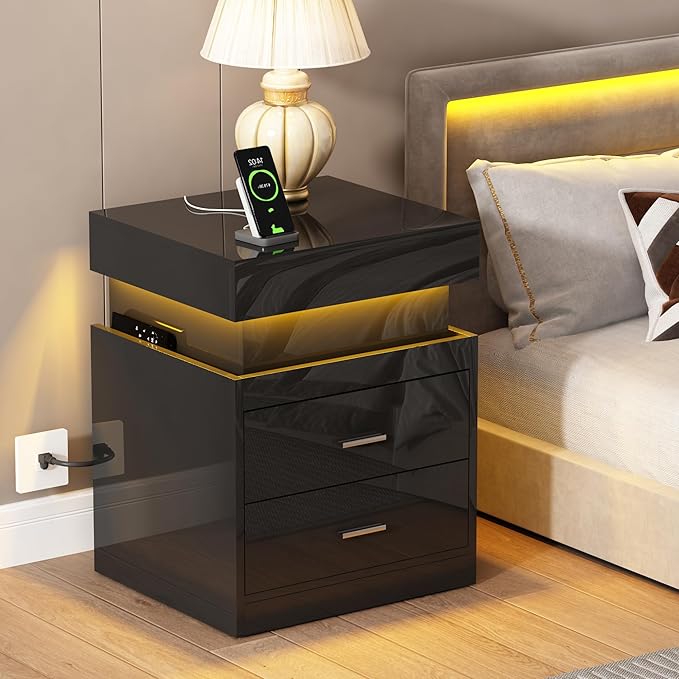 ChooChoo LED Nightstand Set of 2, Smart Night Standwith Charging Station and