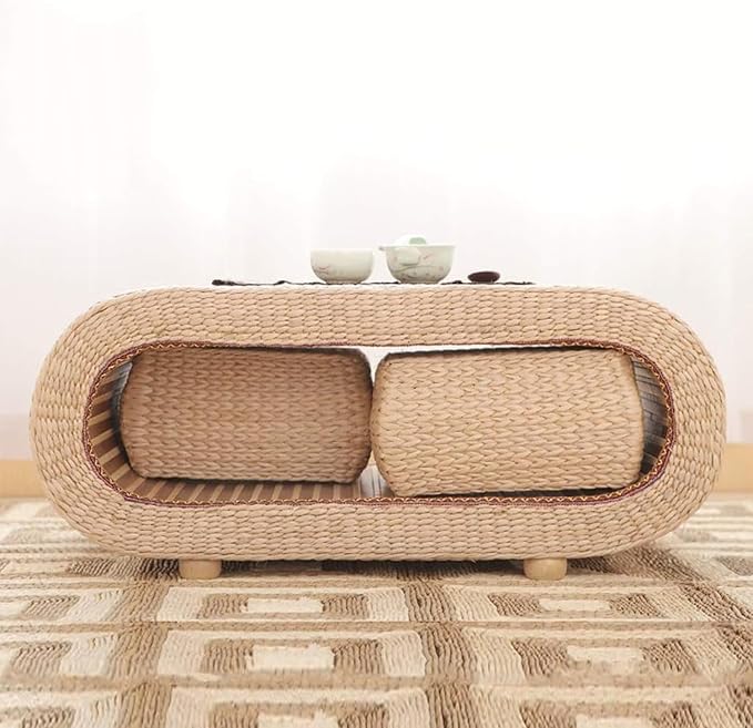 Solid Wood Japanese-Style Table and Stool Set, Including Tatami Tea Table