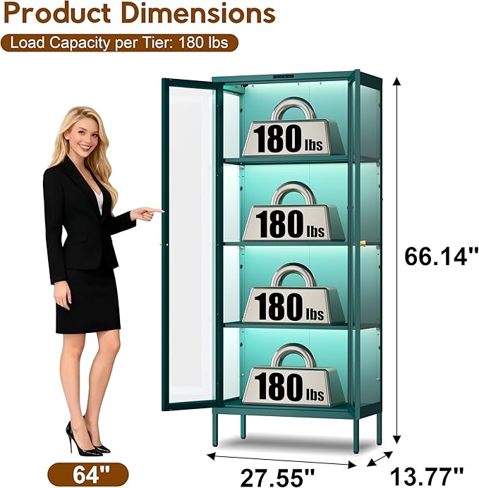 UNICOLY Display Cabinet with Glass Doors, Glass Display Cabinet with 8 Color