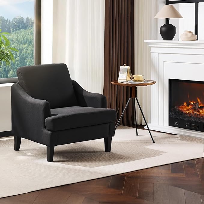 VINGLI Linen Fabric Accent Chair Black, Modern Upholstered Armchair, Comfy Sofa