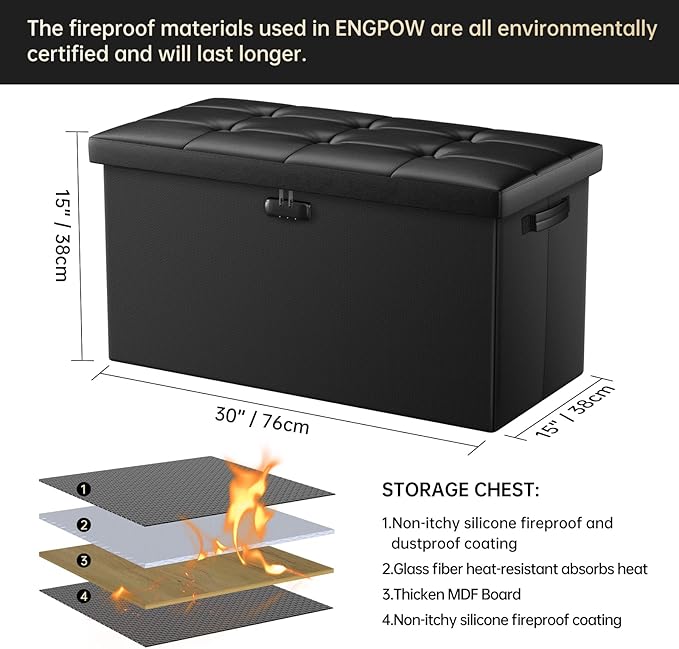ENGPOW Storage Ottoman Bench, Fireproof Folding Bench