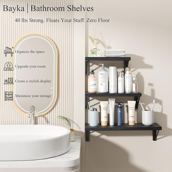 BAYKA Wall Mounted Floating Bathroom Shelves, Wood Wall Shelf