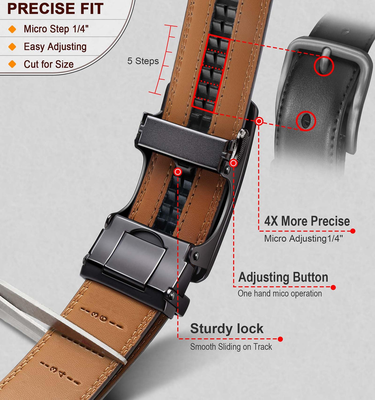 KEMISANT Men Belt 2 Pack, Leather Ratchet Belt Easy Click Slide For Men 1 3/8",Cut for Fit(Black/Deep Brown,32"-38" Waist Adjustable)