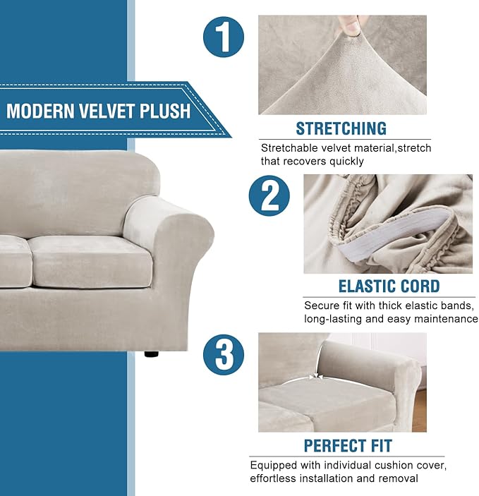 H.VERSAILTEX Velvet 4 Piece High Stretch Sofa Slipcover Cover Furniture