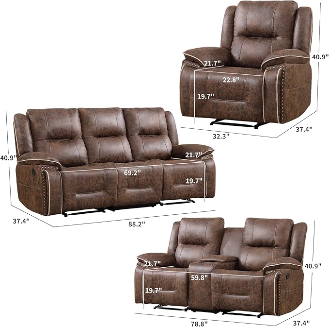 EBELLO Faux Leather Manual Recliner Sofa Set, 1 Seat Reclining Chair, a Loveseat