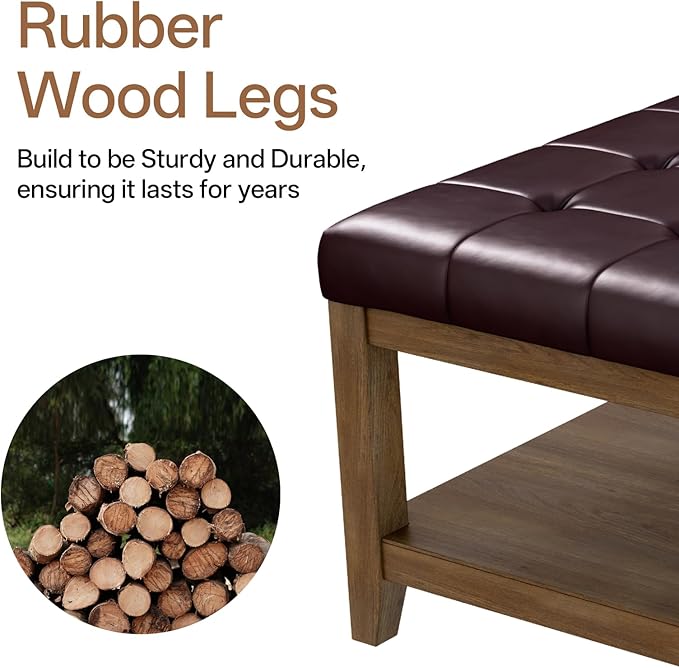 ABHENG 31.5” Large Square Storage Ottoman, Upholstery Solid Rubberwood Coffee