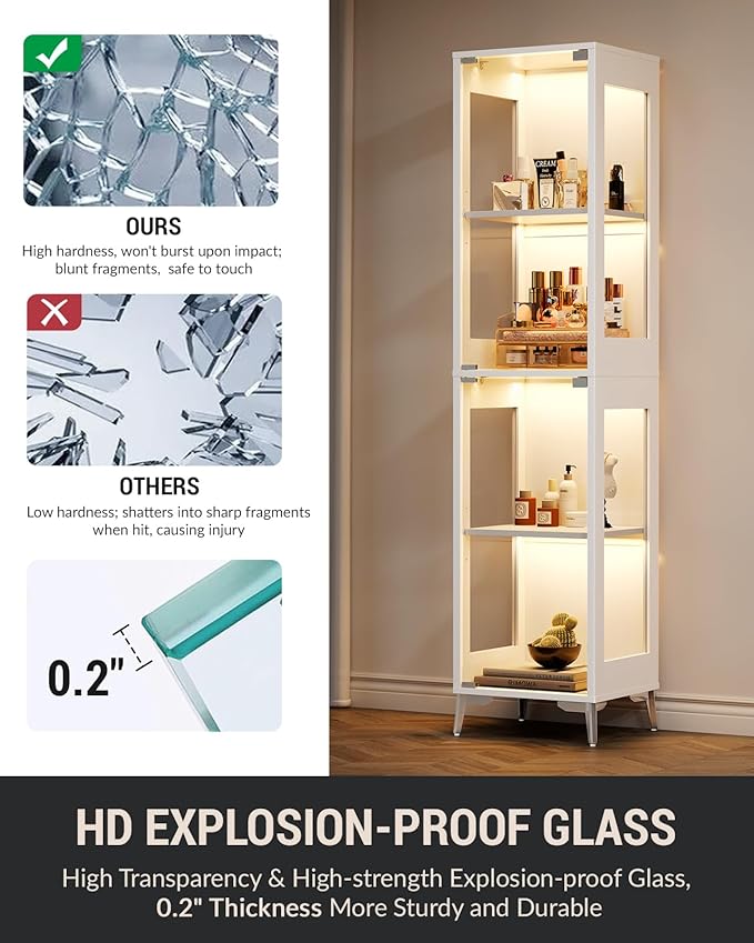 Glass Display Cabinet, 4-Tier Curio Cabinet, Adjustable Shelves, 000 Color