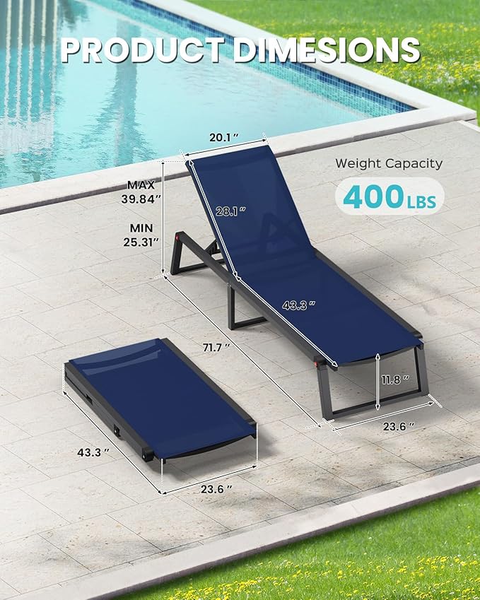 Aluminum Chaise Lounge Chair Outdoor, Foldable & Assembly Free Patio Pool