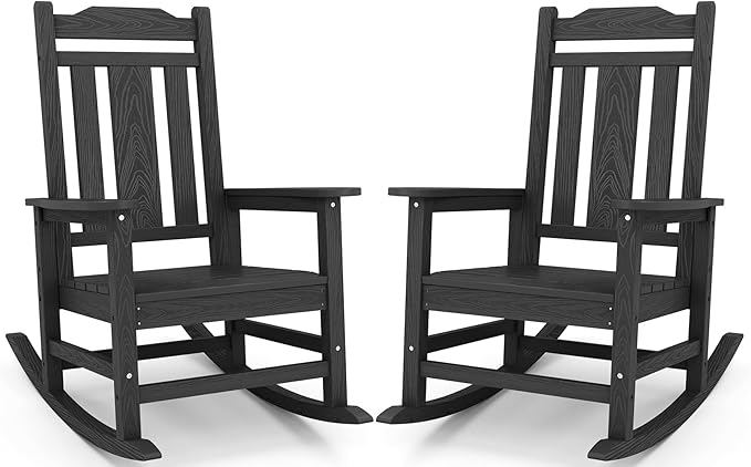 SERWALL Black Outdoor Rocking Chair Set of 2, All Weather Patio Rocking Chair