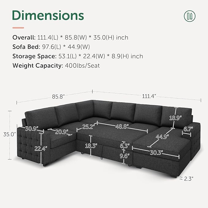 HONBAY Sectional Couch with Pull Out Bed, Sectional Sleeper Sofa with Storage