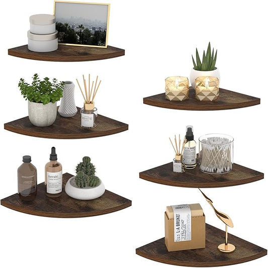 HORLIMER 6 Pack Wall Mount Floating Corner Shelf, Rustic Wood Corner Wall