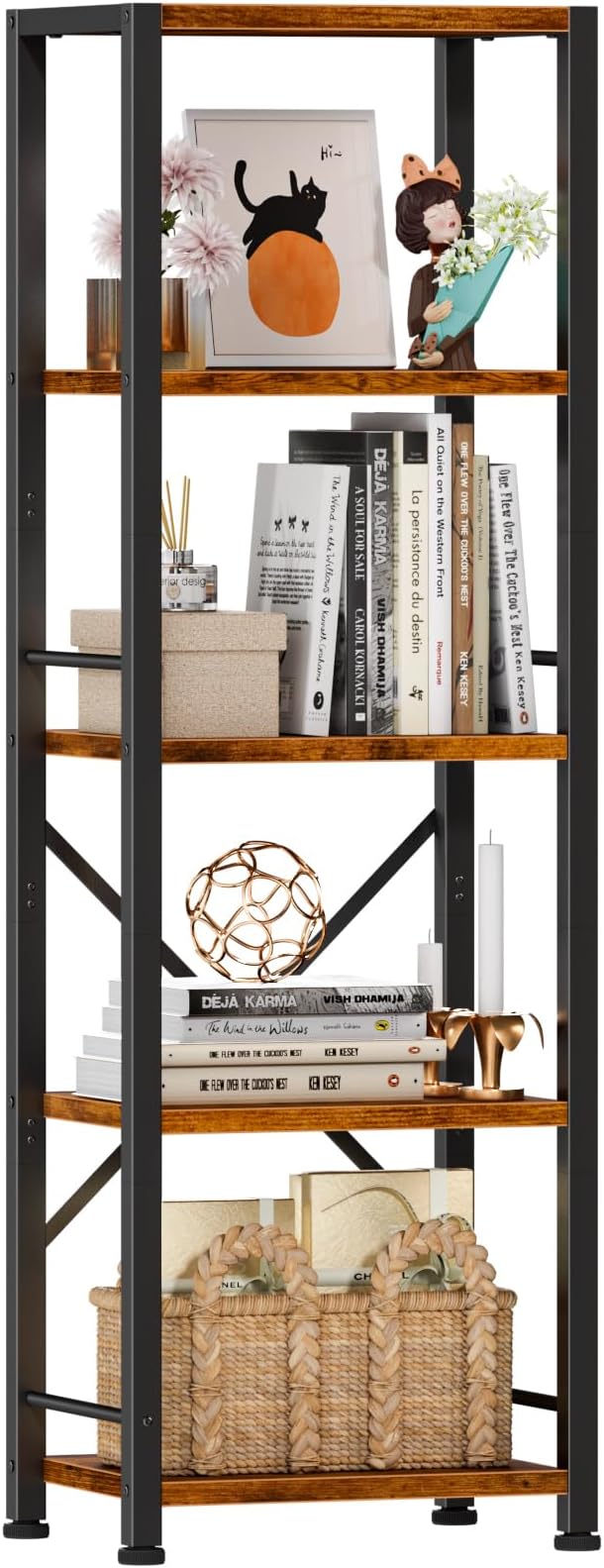 Furologee 5 Tier Tall Bookshelf, Rustic Narrow Bookcase, Display Standing Shelf