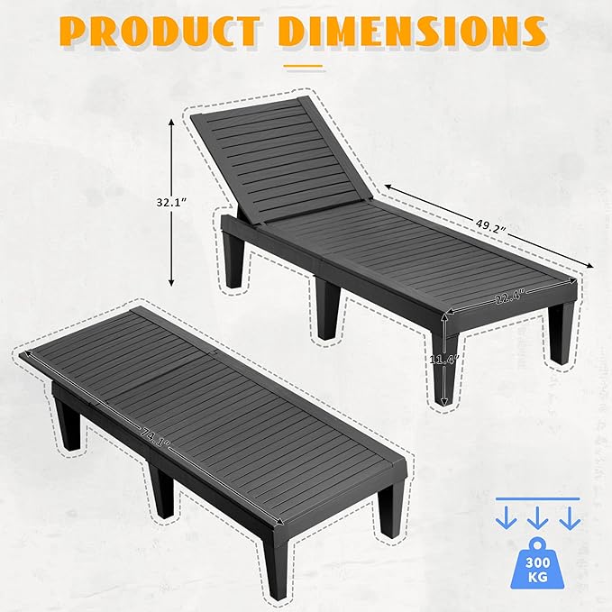 Outdoor Lounge Chairs Set of 2, 5-Position Adjustable Tanning Chairs