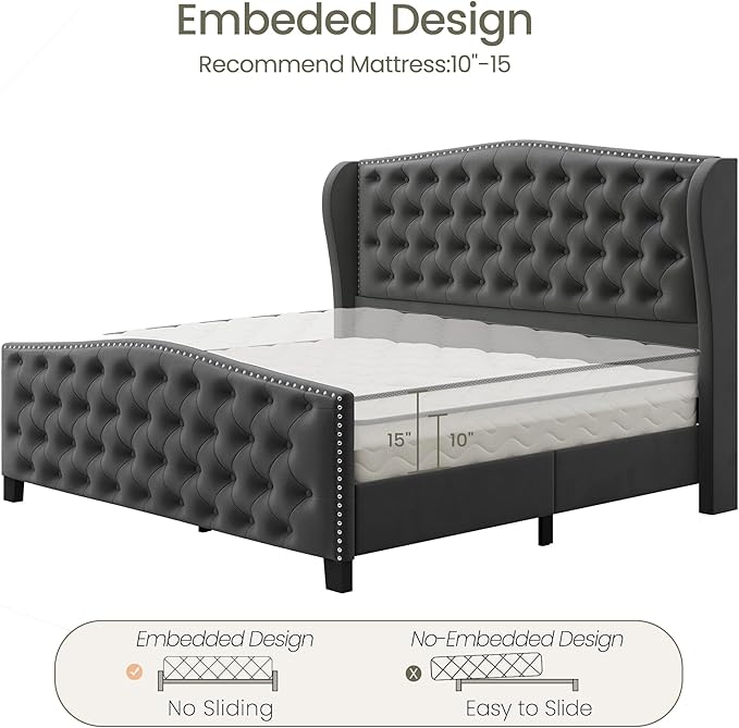 LARMACE Queen Size Bed Frame Velvet Upholstered Platform Bed